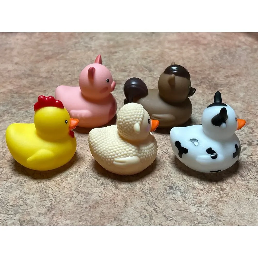 Set of 5 New Barnyard Farm Rubber Duckies Duck 2” Jeep Horse Chicken Pig Cow